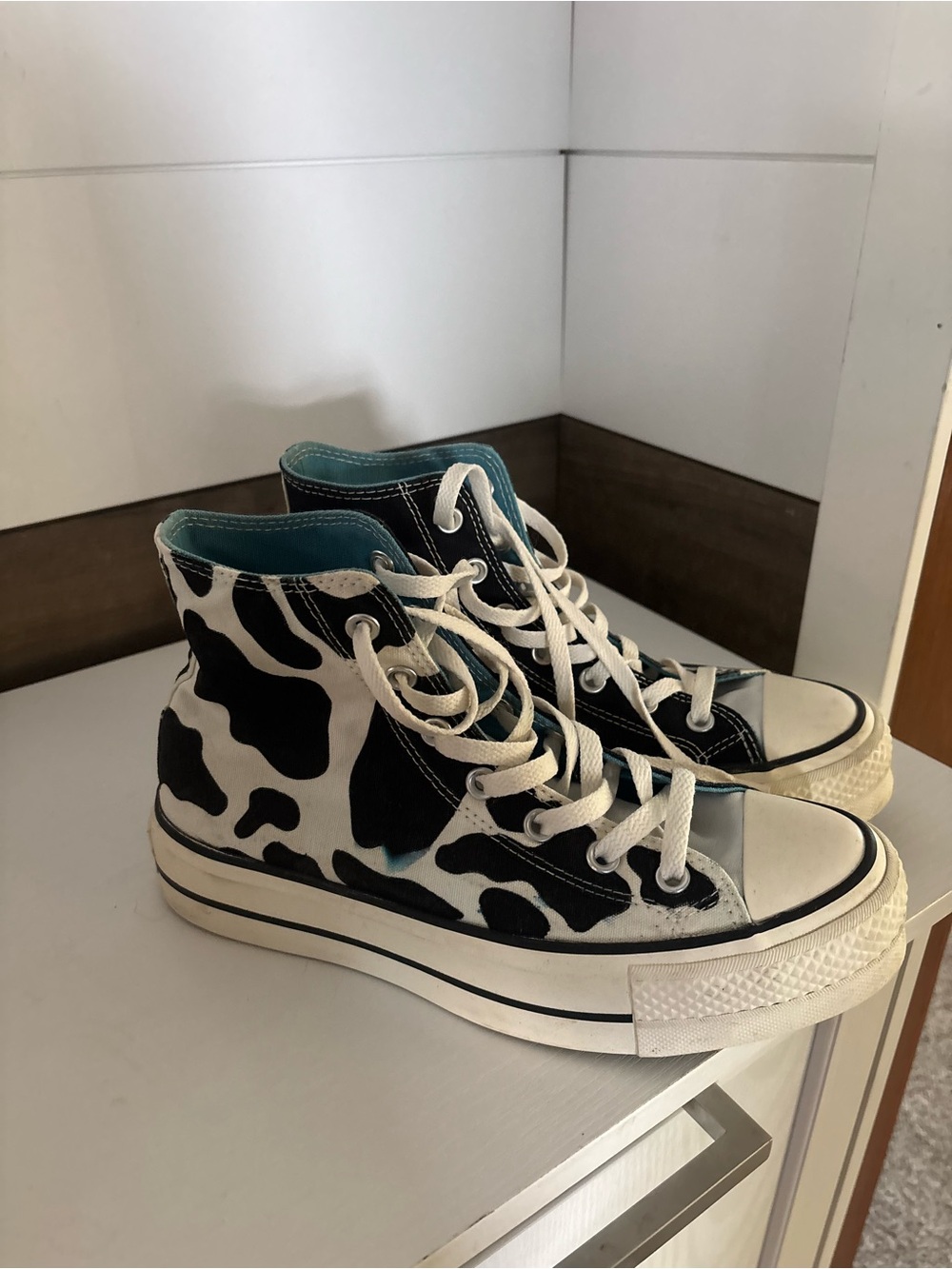 Converse Kids High-Top Sneakers in Black & White Cow Print with Teal Liner